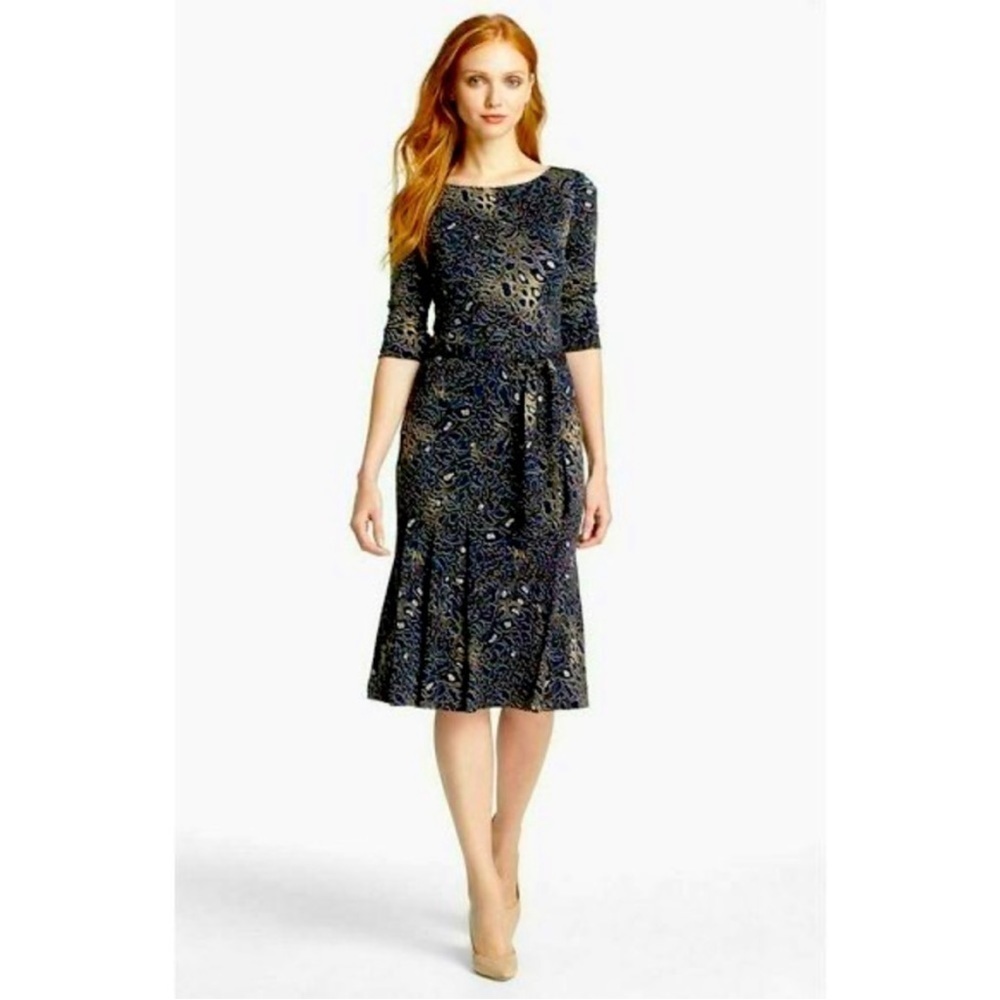 Tory Burch Three Quarter Sleeve Denise Dress Leopard Print Blue Brown Sz XS